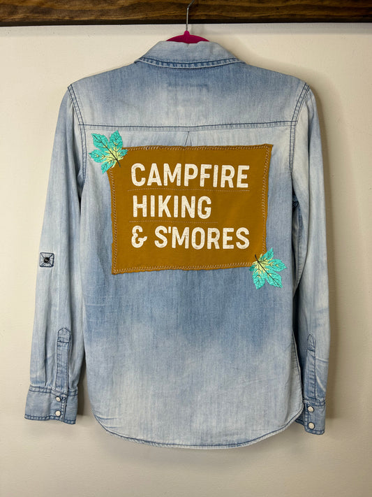 Campfire upcycled denim shirt womens S blue