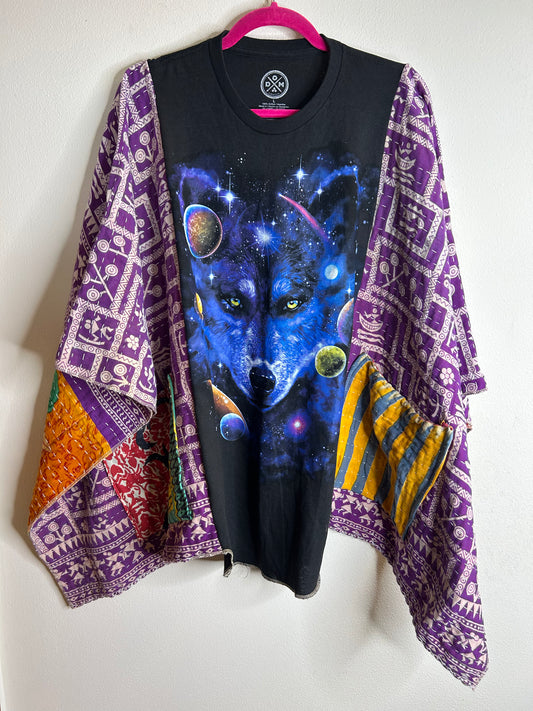 Cosmic Wolf upcycled kantha poncho