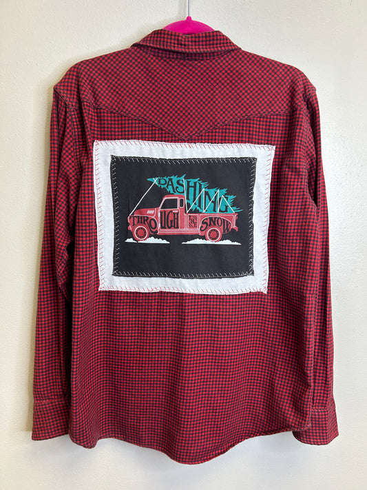 Dashing Through the Snow upcycled flannel shirt unisex size M red black