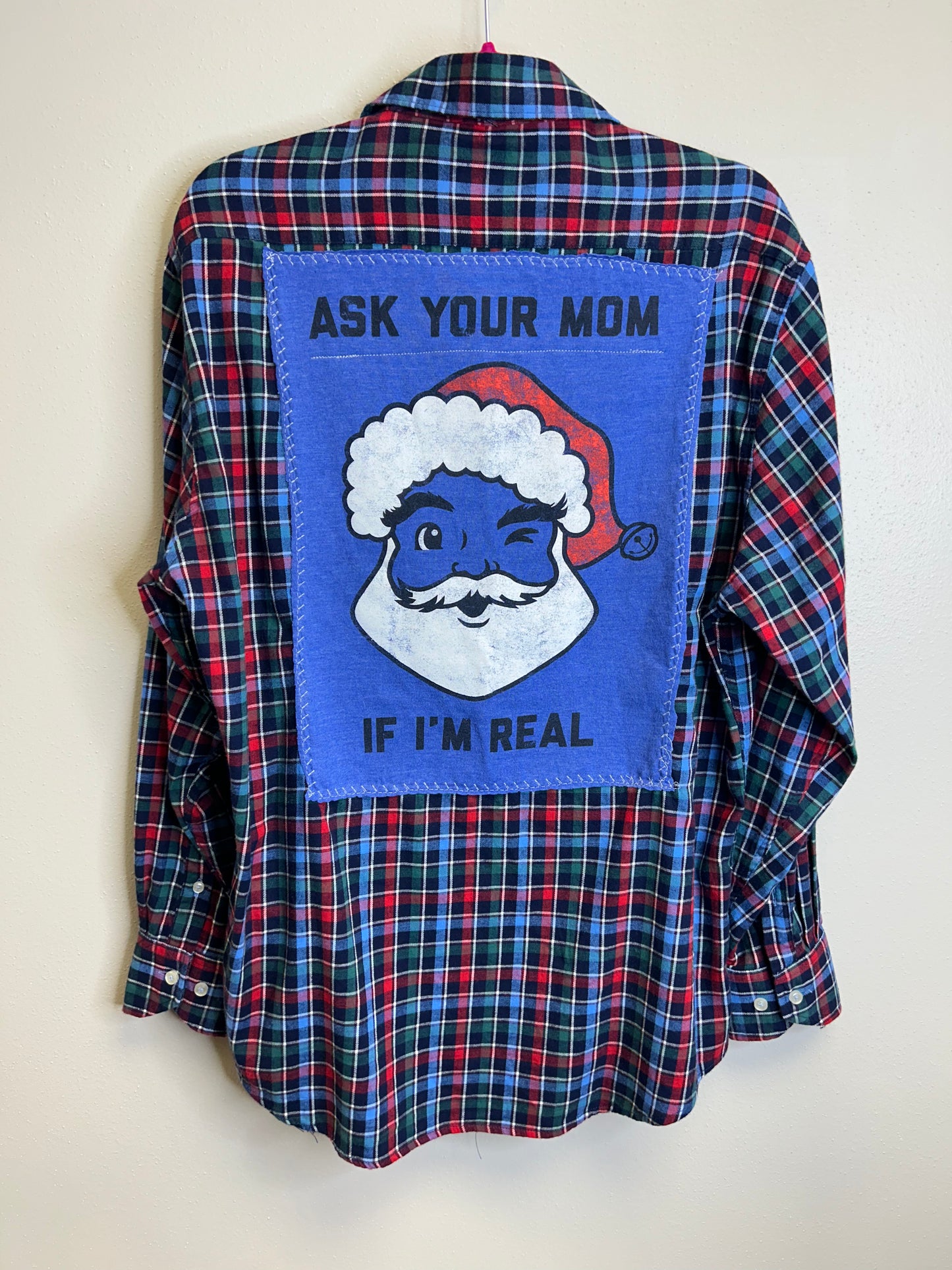 Santa upcycled flannel shirt unisex size L blue red