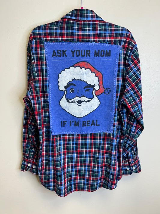 Santa upcycled flannel shirt unisex size L blue red