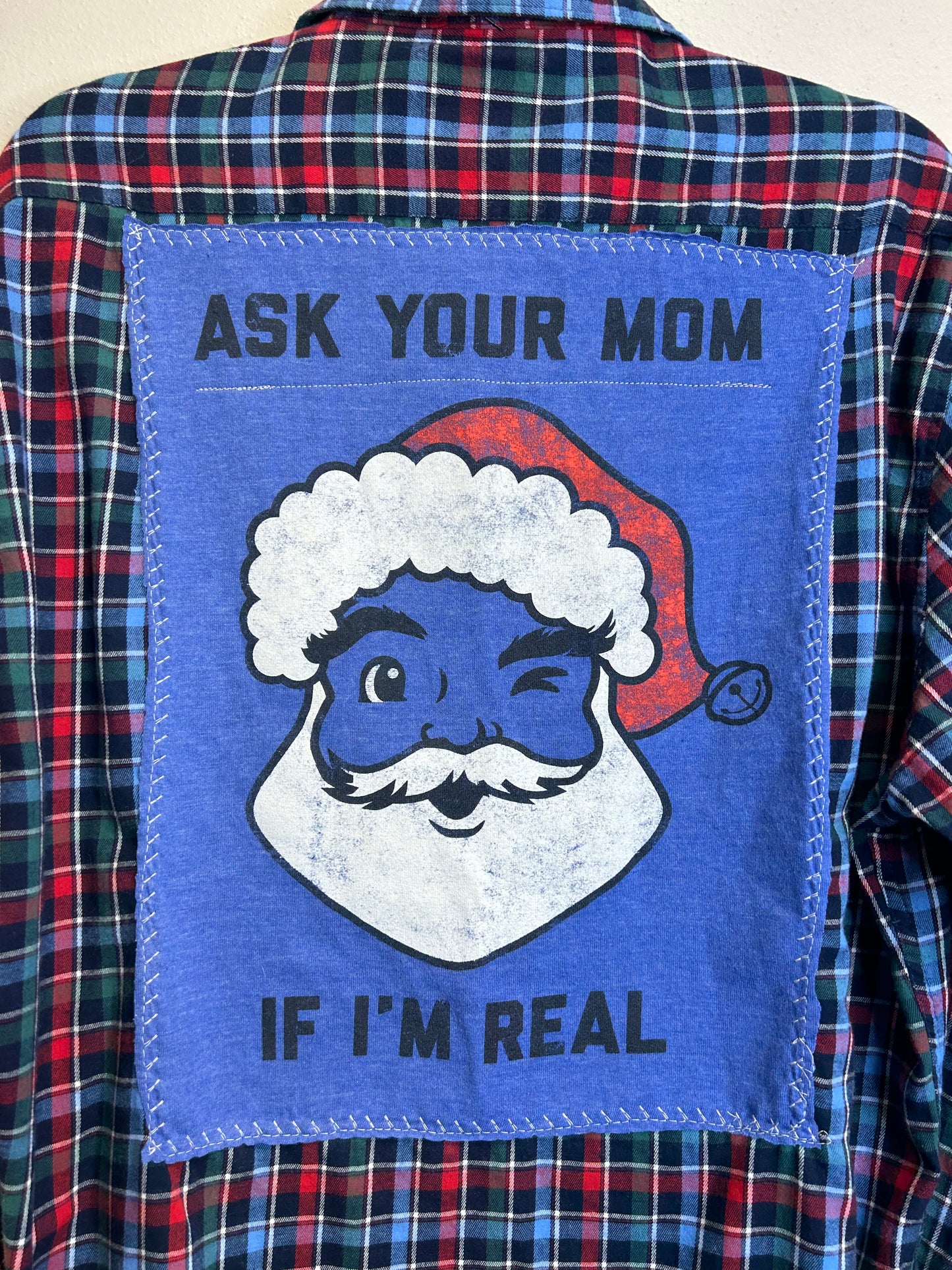 Santa upcycled flannel shirt unisex size L blue red
