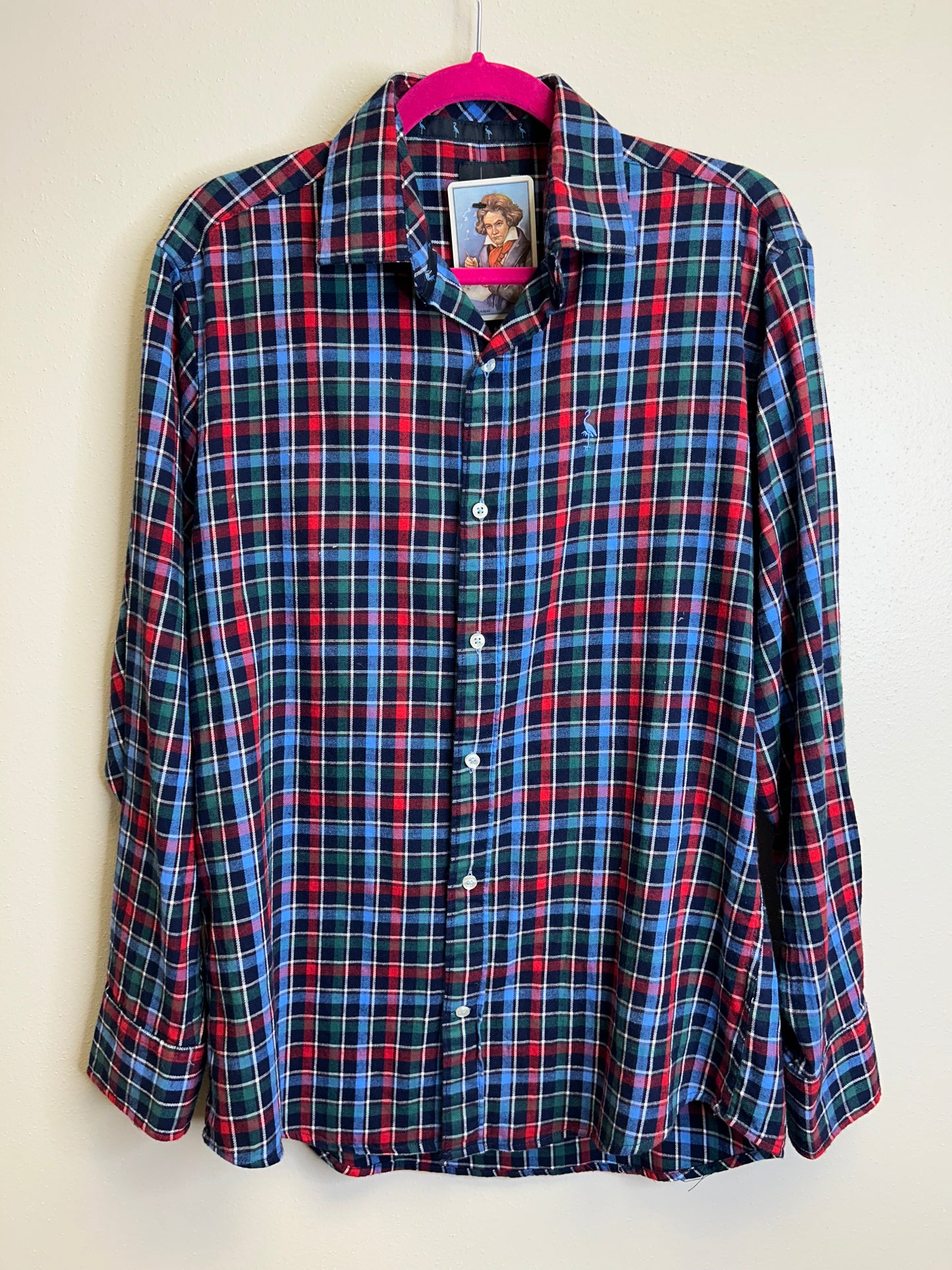 Santa upcycled flannel shirt unisex size L blue red