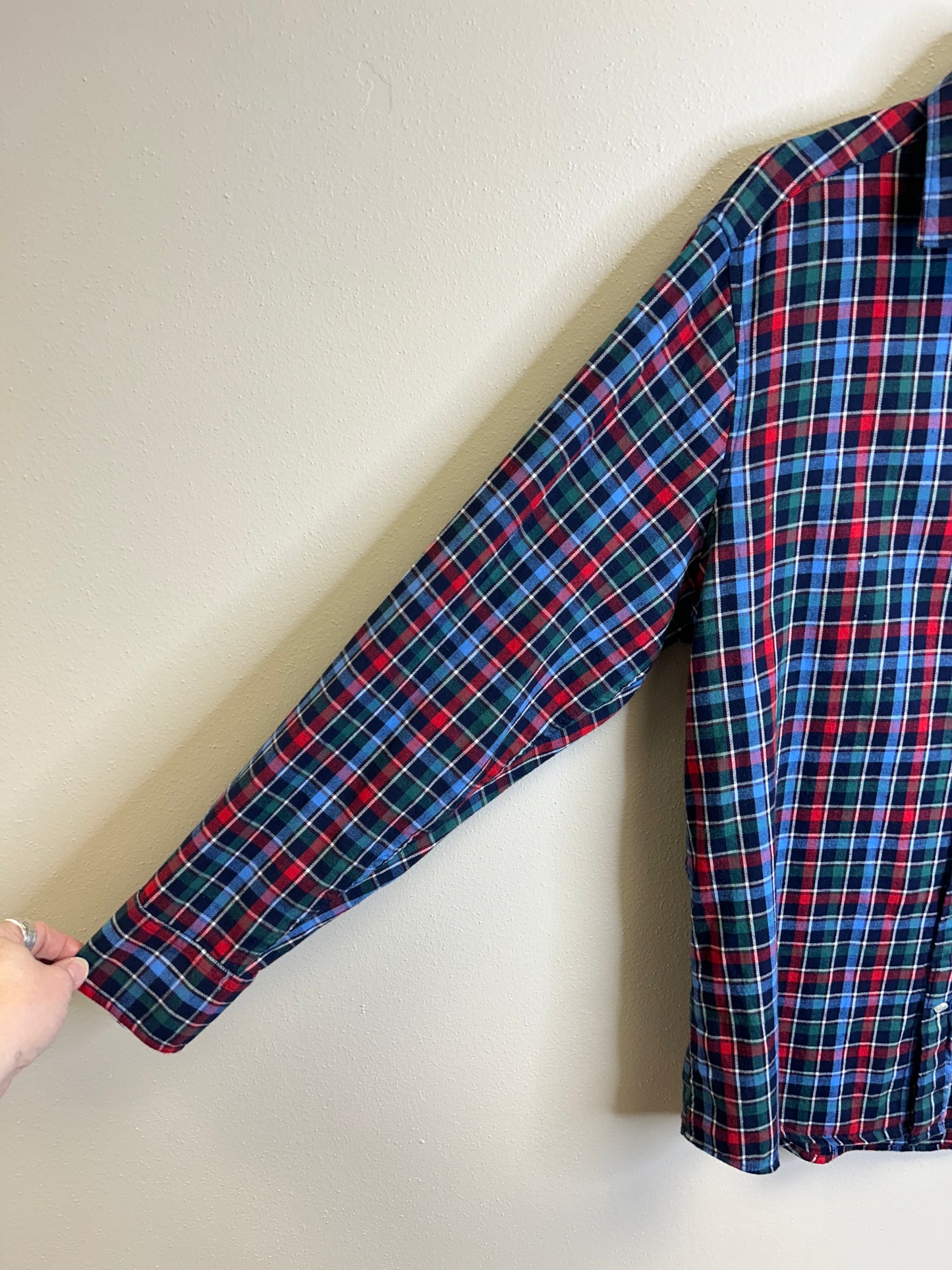 Santa upcycled flannel shirt unisex size L blue red