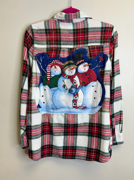 Snowman upcycled flannel shirt womens size M red white