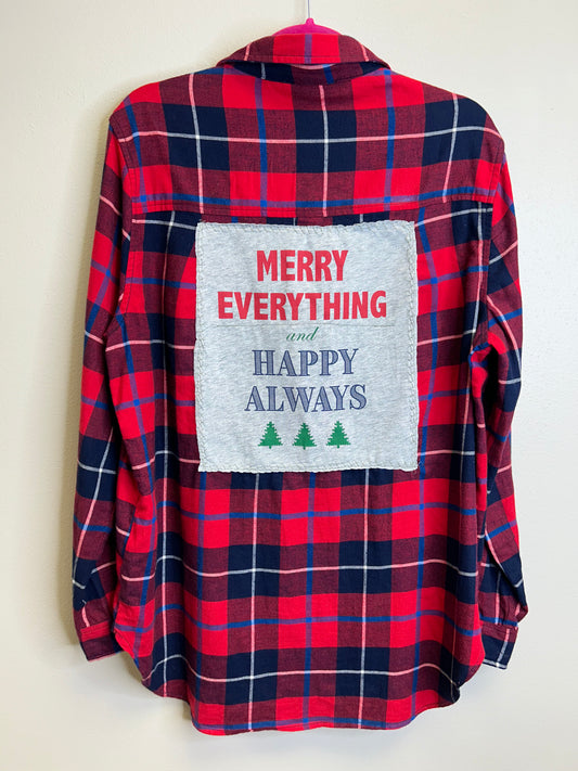 Merry Everything upcycled flannel shirt womens M long red blue