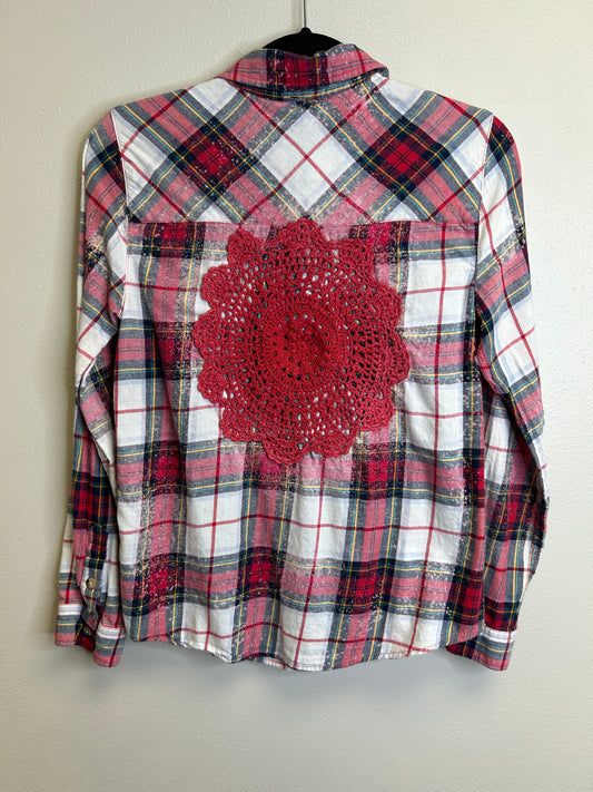 Red Doily Upcycled flannel shirt women’s size S red white