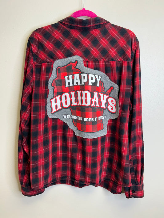 Happy Holidays Wisconsin upcycled flannel shirt women’s size XL red black