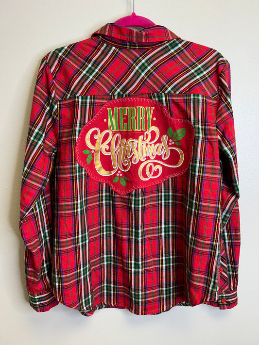 Merry Christmas upcycled flannel shirt womens size M red green