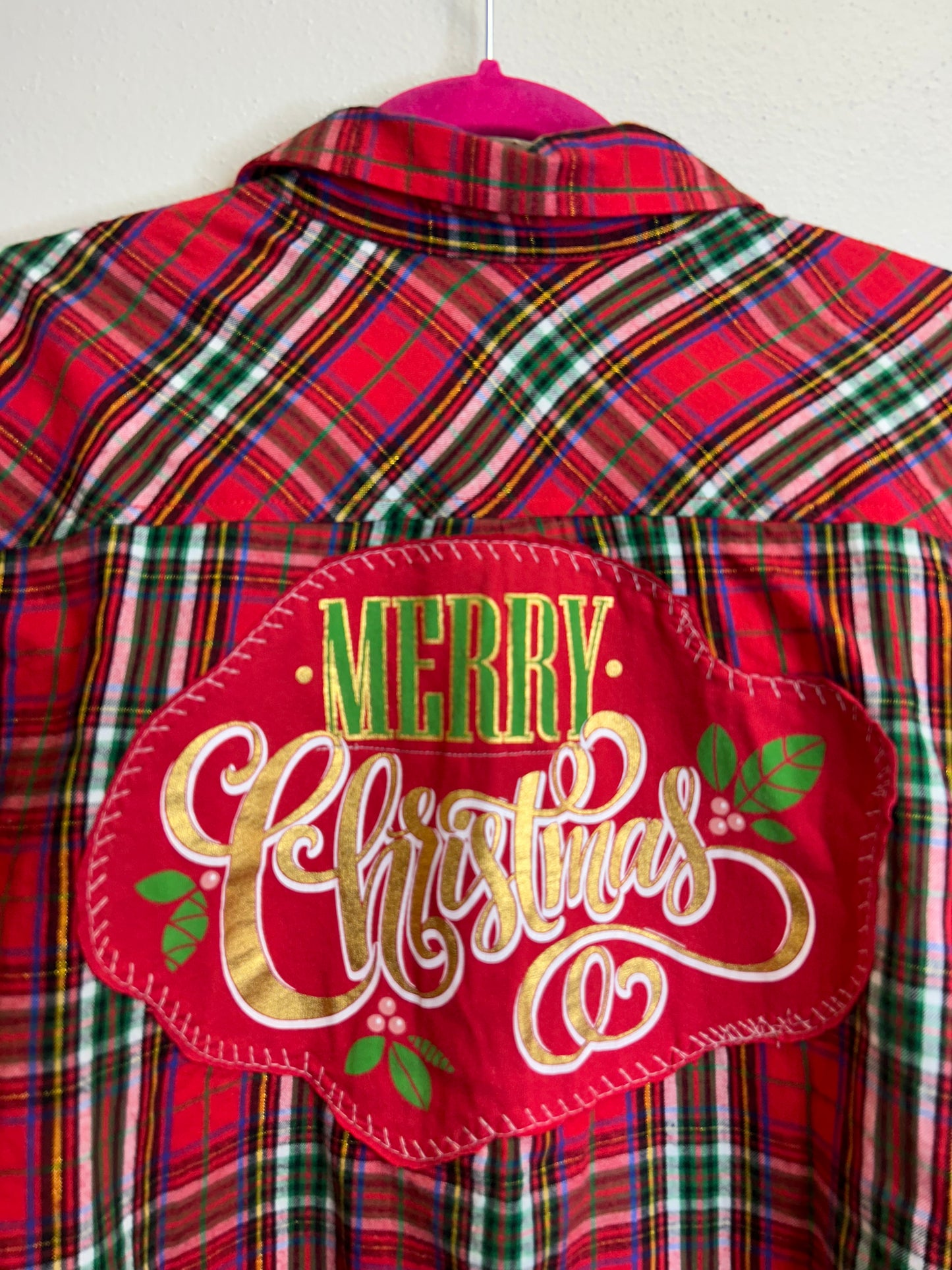 Merry Christmas upcycled flannel shirt womens size M red green