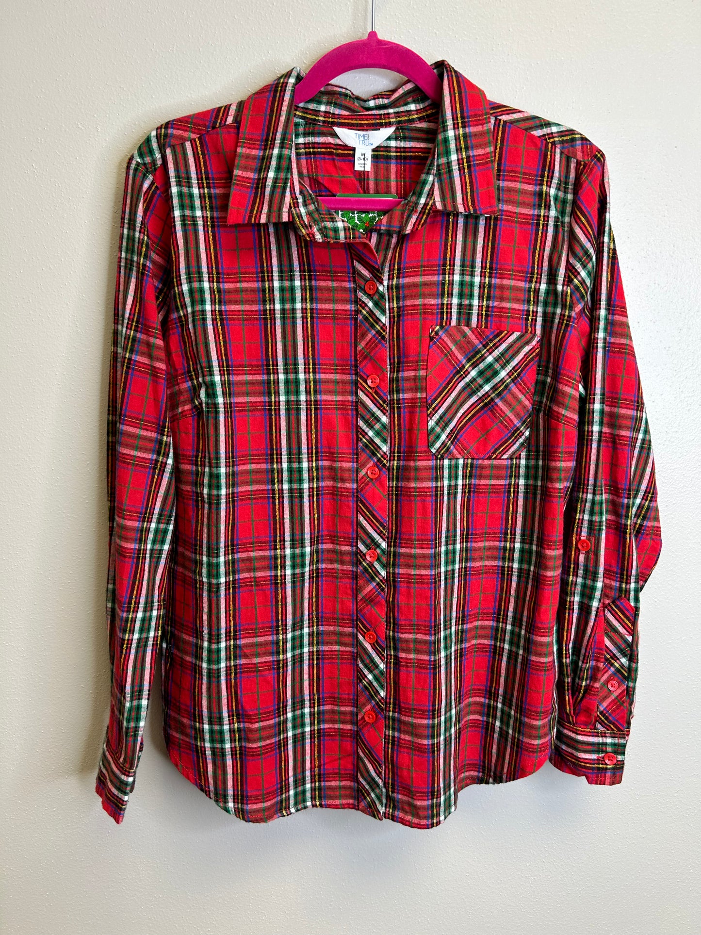 Merry Christmas upcycled flannel shirt womens size M red green