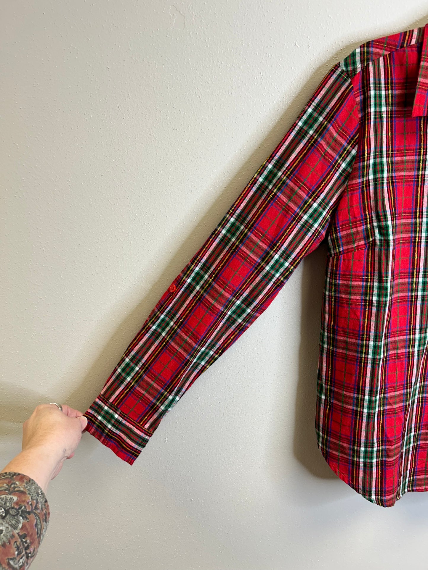 Merry Christmas upcycled flannel shirt womens size M red green