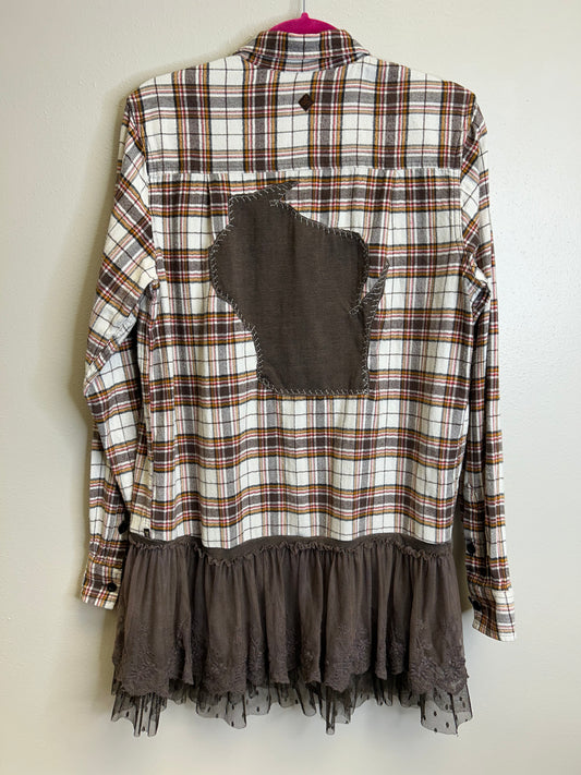 Wisconsin upcycled flannel shirt with ruffles unisex size S brown white