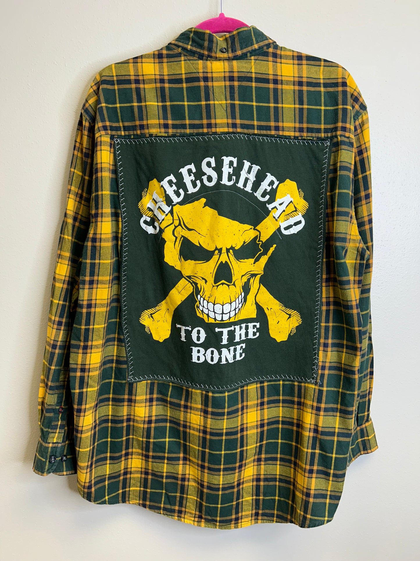 Cheesehead upcycled flannel shirt unisex size XL green yellow