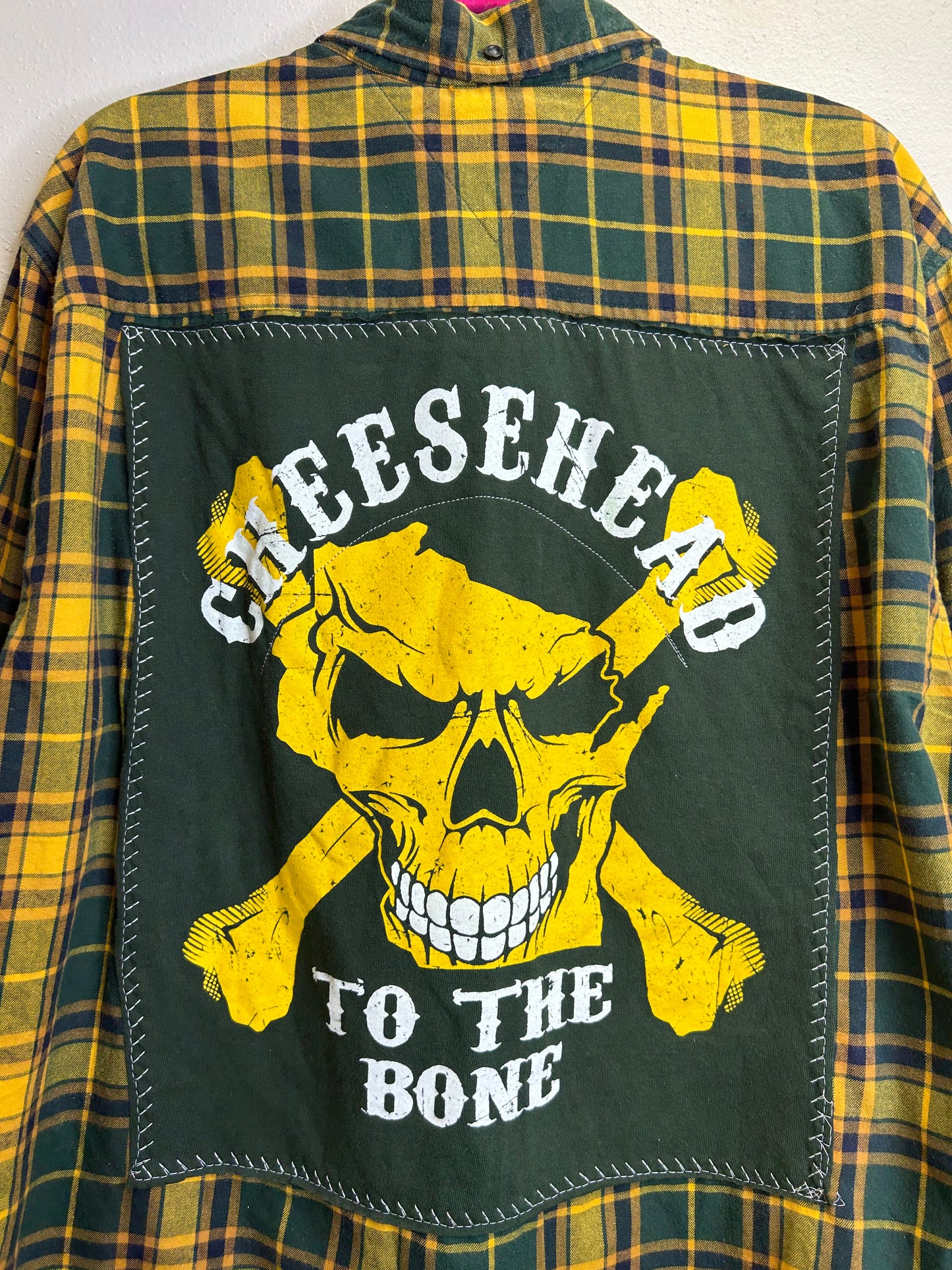 Cheesehead upcycled flannel shirt unisex size XL green yellow