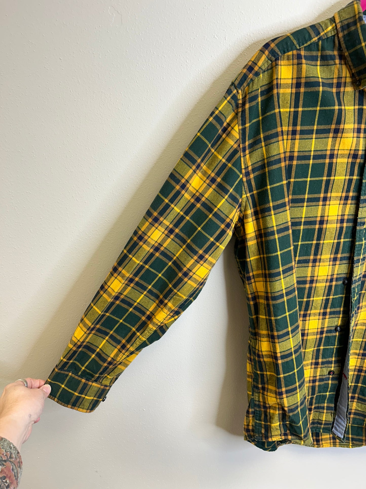 Cheesehead upcycled flannel shirt unisex size XL green yellow