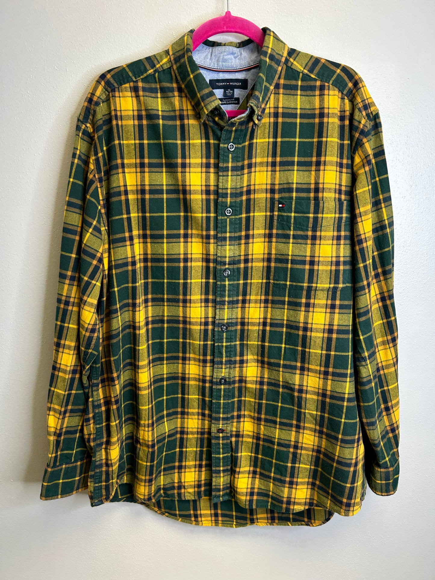 Cheesehead upcycled flannel shirt unisex size XL green yellow