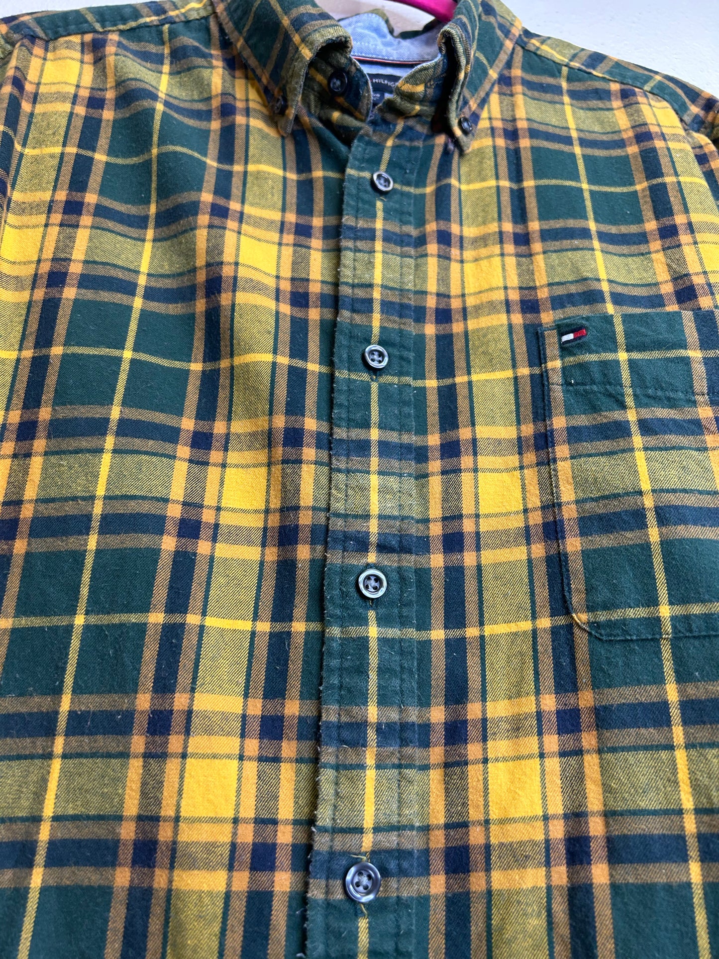 Cheesehead upcycled flannel shirt unisex size XL green yellow