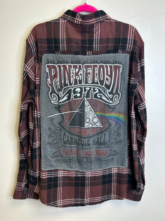 Pink Floyd upcycled flannel shirt unisex size XL Tall brown black