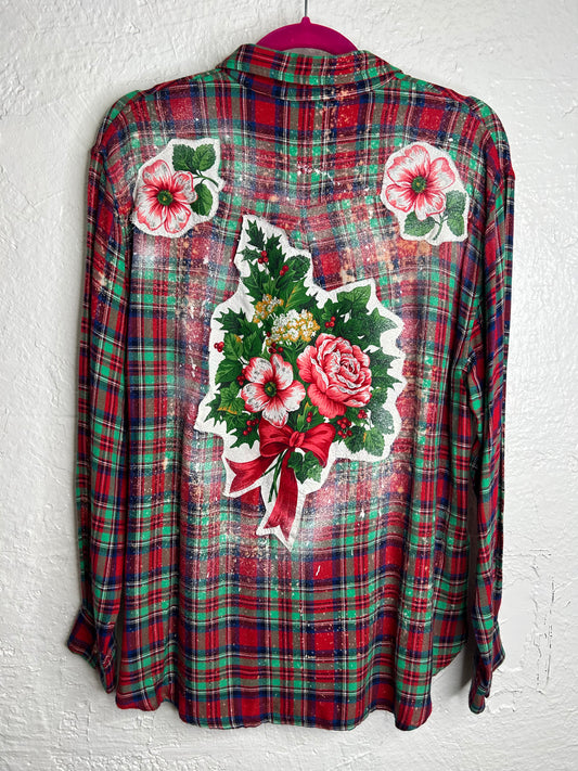 Christmas Floral flannel red green womens size L