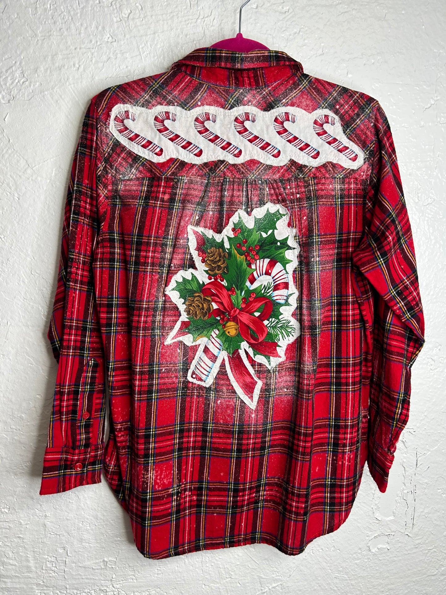 Candy Cane Christmas flannel shirt red green womens size S