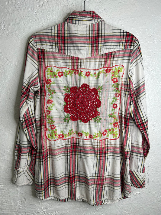 Christmas flannel red white upcycled women’s size M