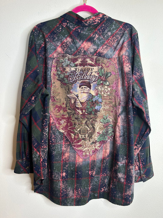 Happy Holidays Christmas upcycled flannel shirt womens 2X