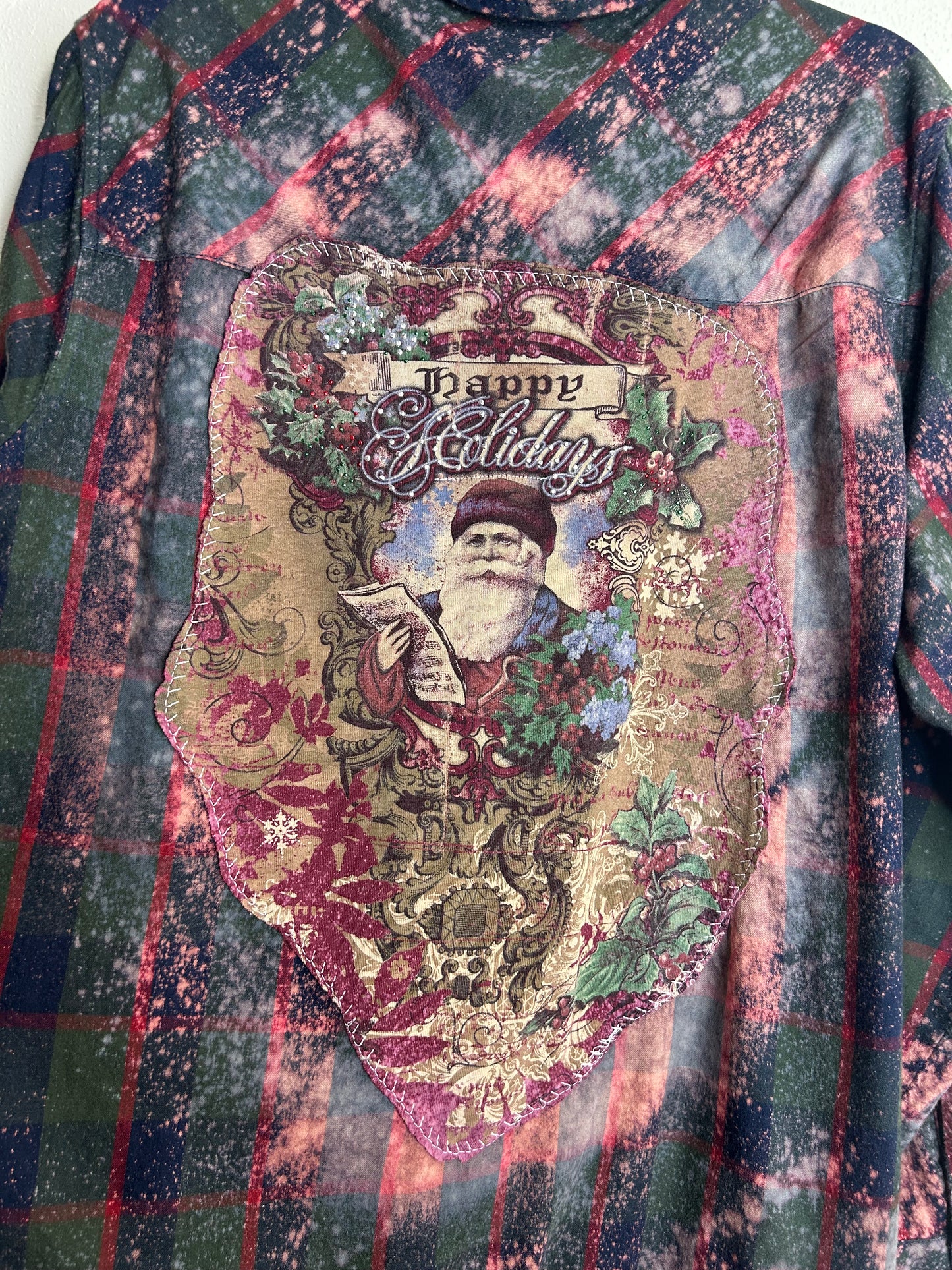 Happy Holidays Christmas upcycled flannel shirt womens 2X