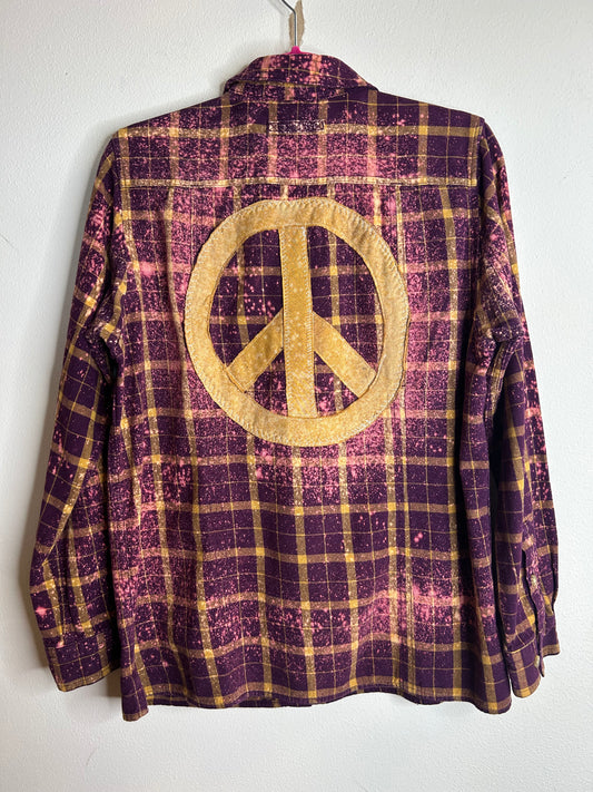 Peace Sign upcycled flannel shirt womens M