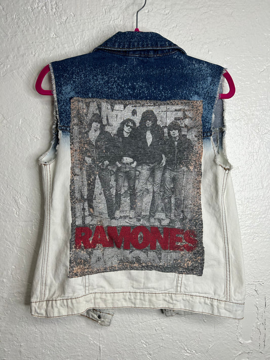 Ramones upcycled denim vest womens size XS blue white