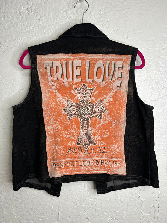 True Love denim vest womens size M/L black orange