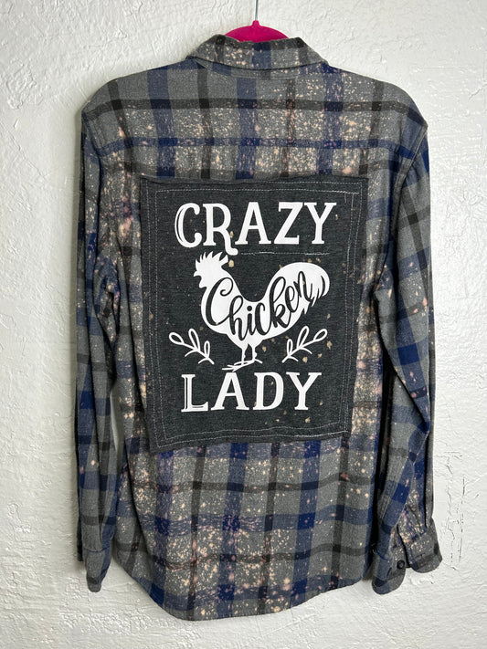 Crazy Chicken Lady upcycled flannel shirt unisex size S blue gray