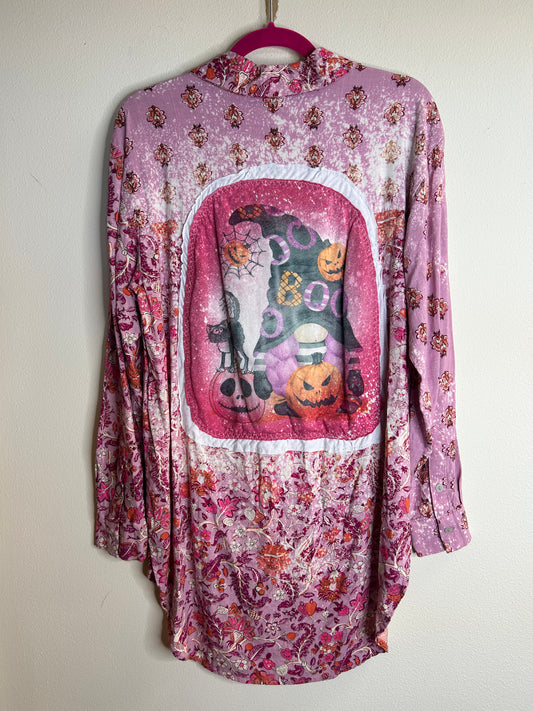 Halloween gnome pink upcycled flannel shirt size M