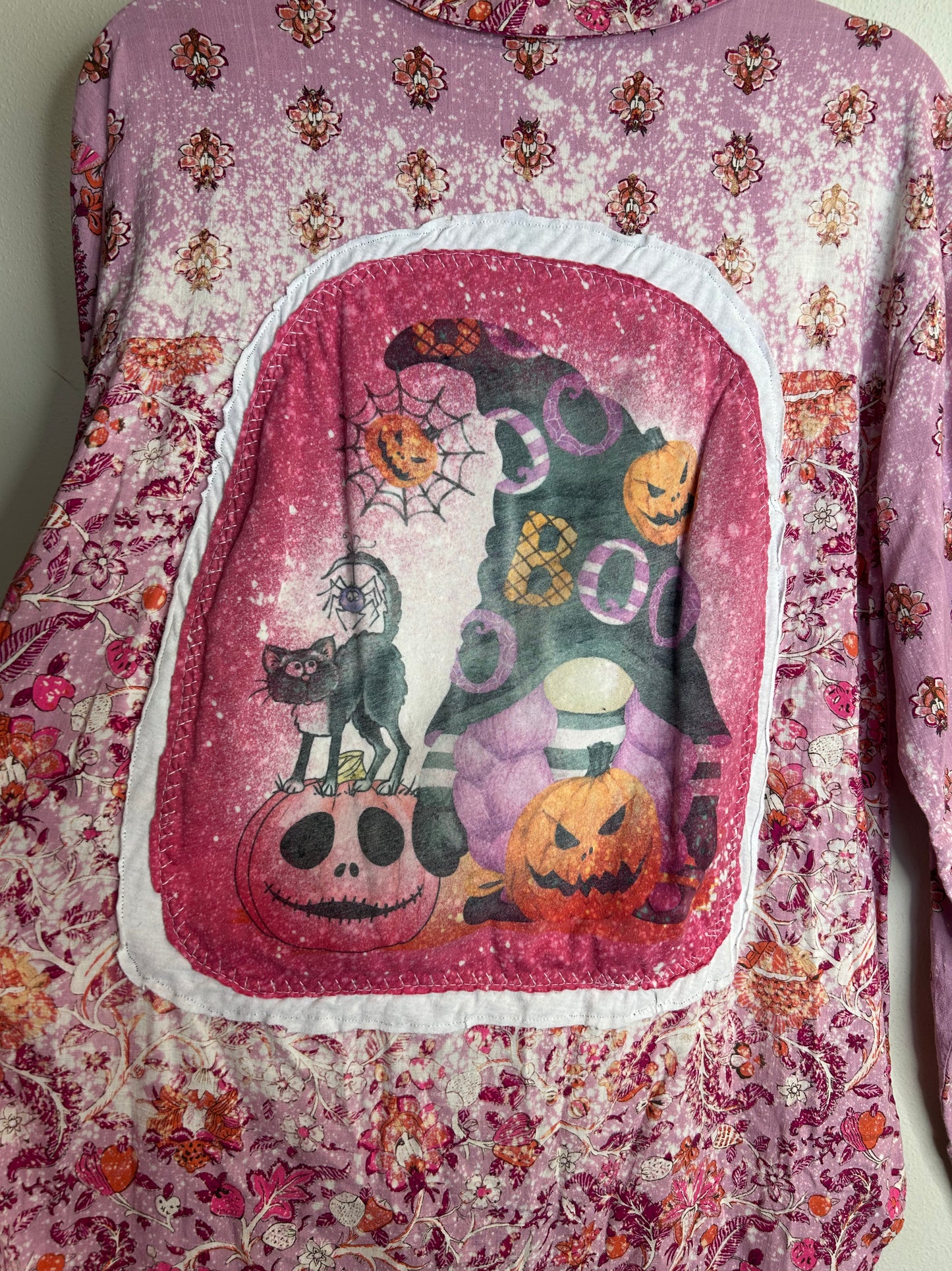 Halloween gnome pink upcycled flannel shirt size M
