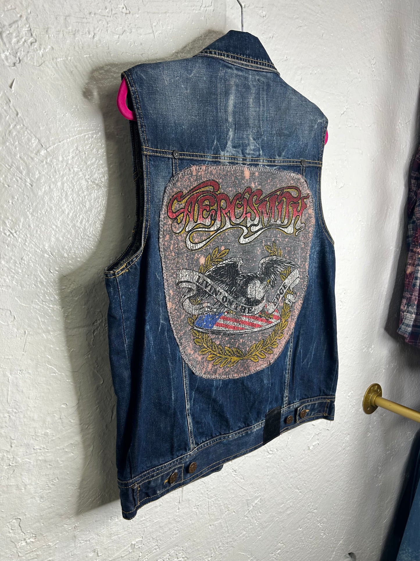 Aerosmith upcycled denim vest unisex size S/M blue gray