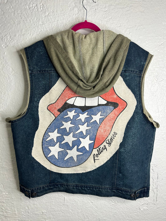 Rolling Stones upcycled denim vest unisex size XL/XXL blue gray