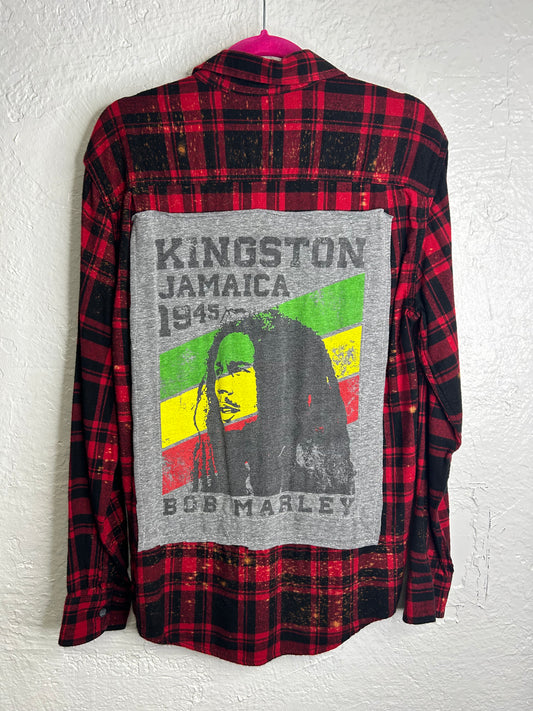 Bob Marley upcycled flannel shirt unisex size M red black