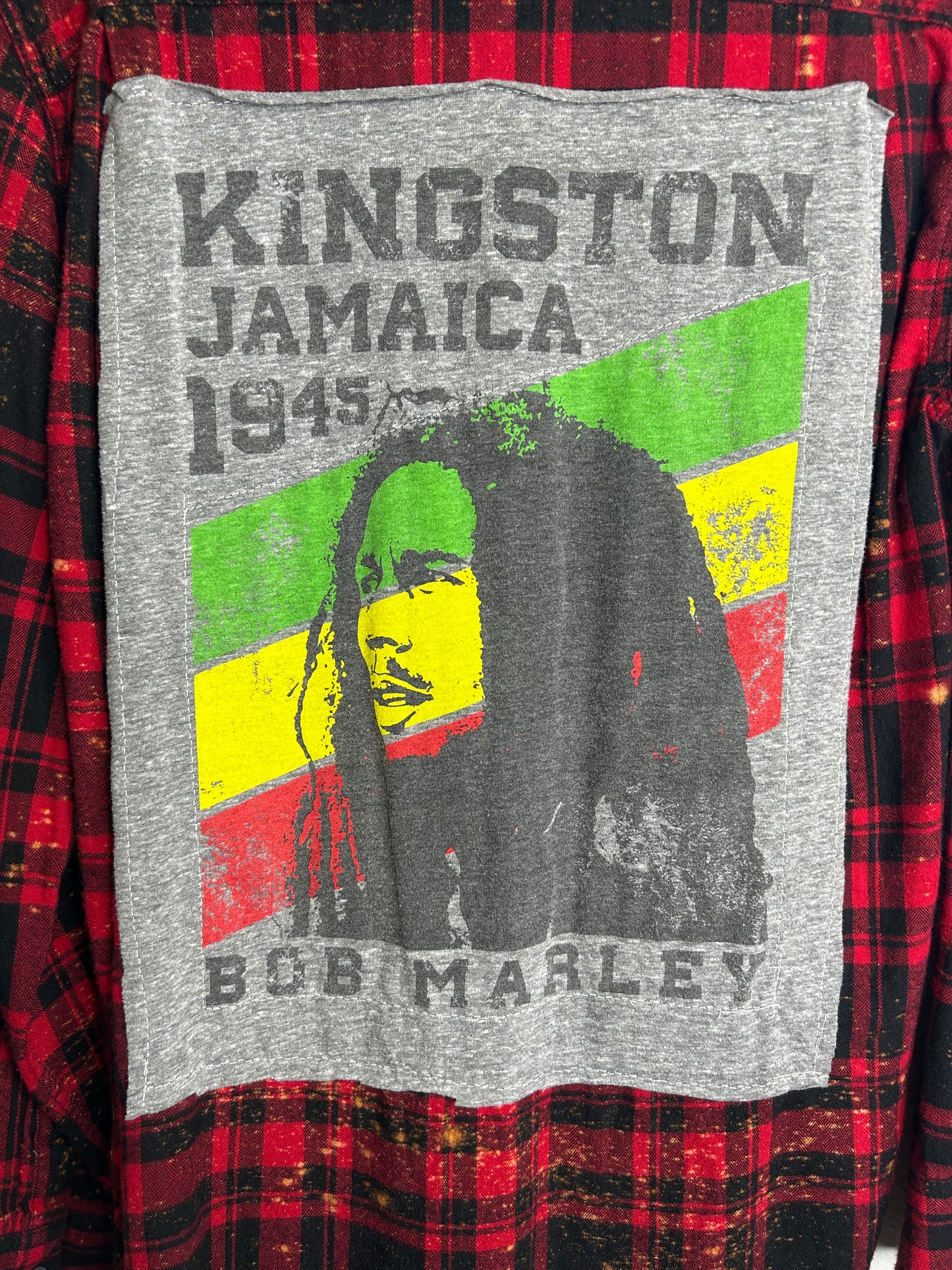 Bob Marley upcycled flannel shirt unisex size M red black