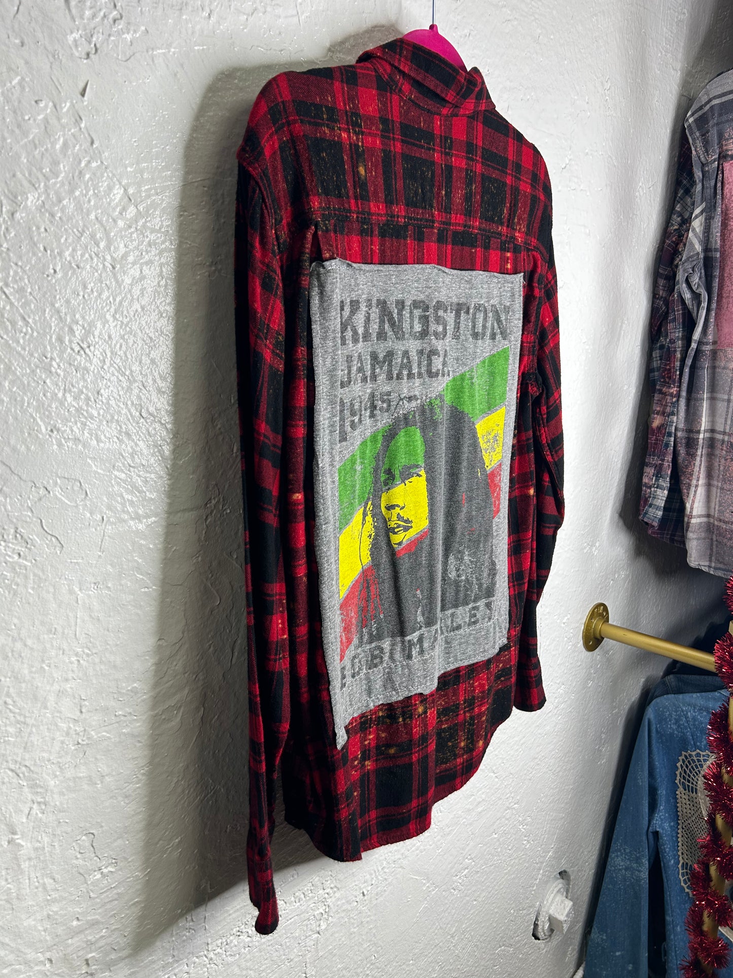 Bob Marley upcycled flannel shirt unisex size M red black