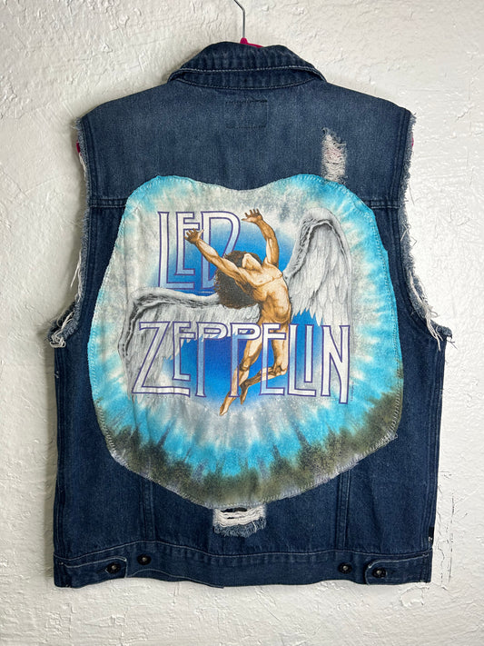 Led Zeppelin upcycled denim vest unisex size L blue green