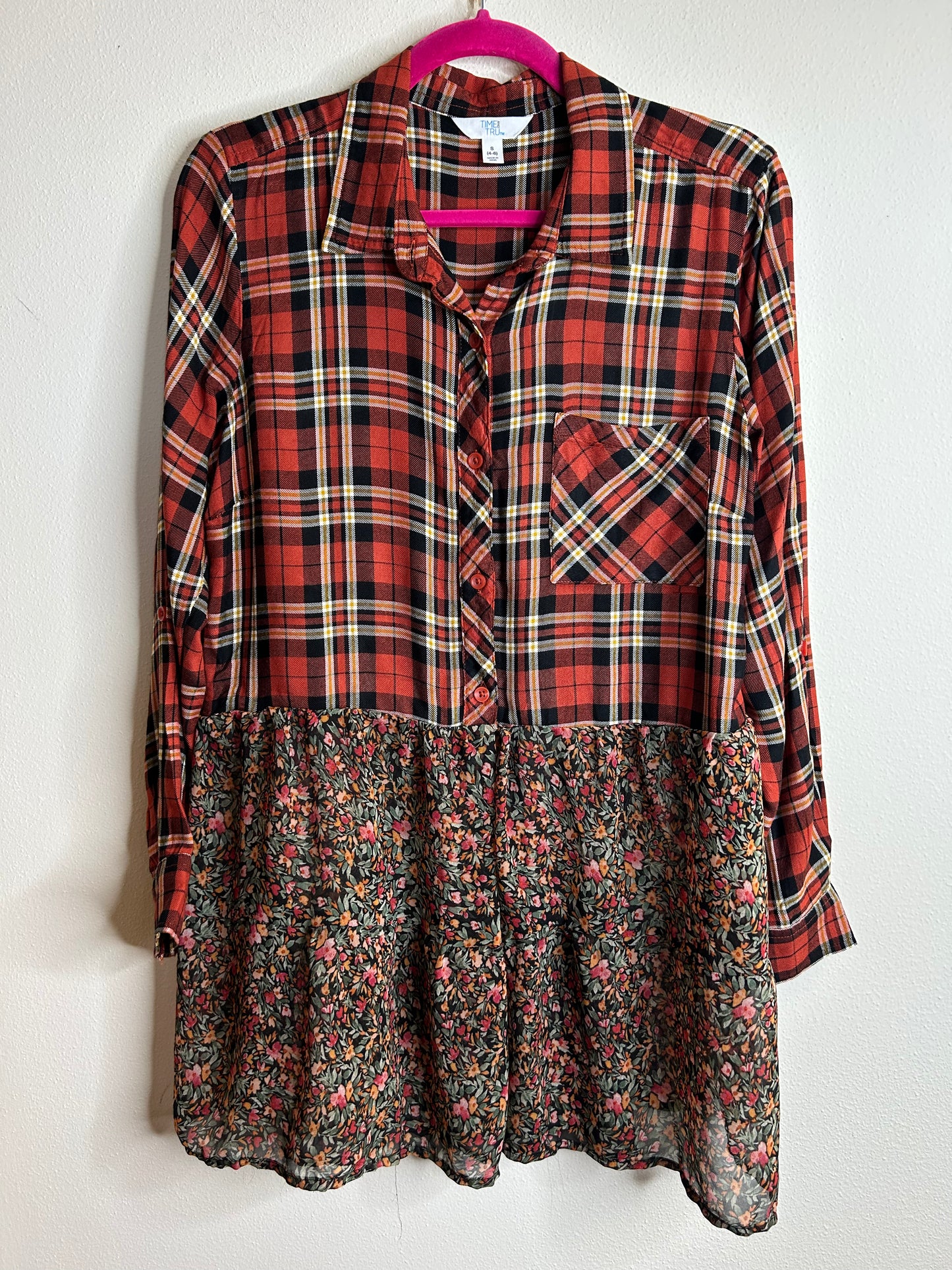 Dark orange/rust flannel with ruffle trim upcycled womens size S