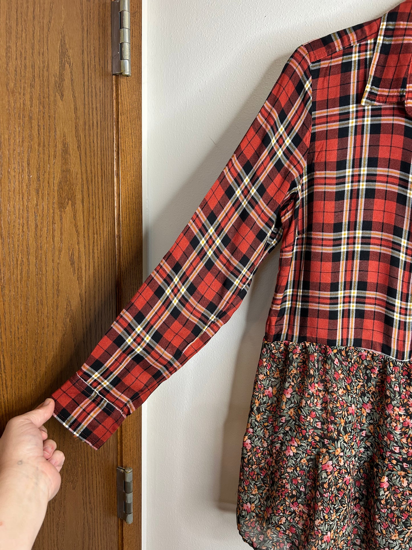 Dark orange/rust flannel with ruffle trim upcycled womens size S