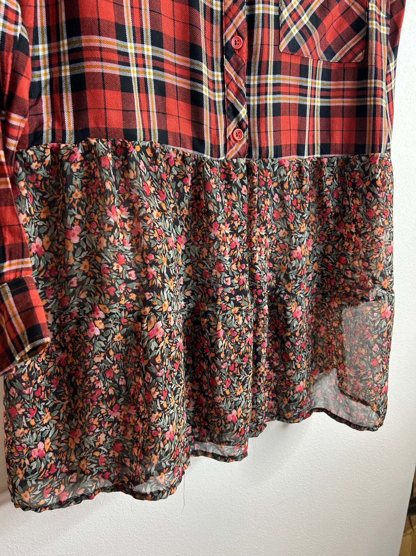 Dark orange/rust flannel with ruffle trim upcycled womens size S