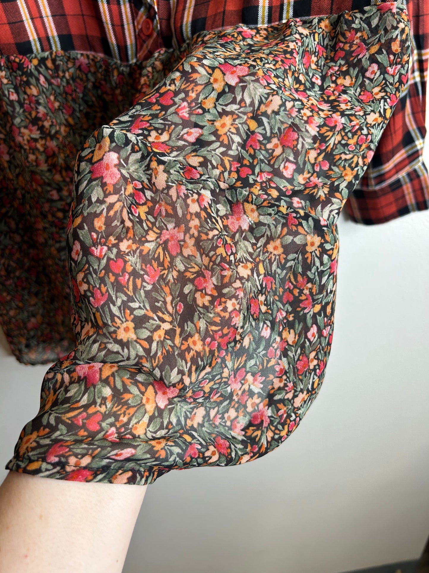 Dark orange/rust flannel with ruffle trim upcycled womens size S