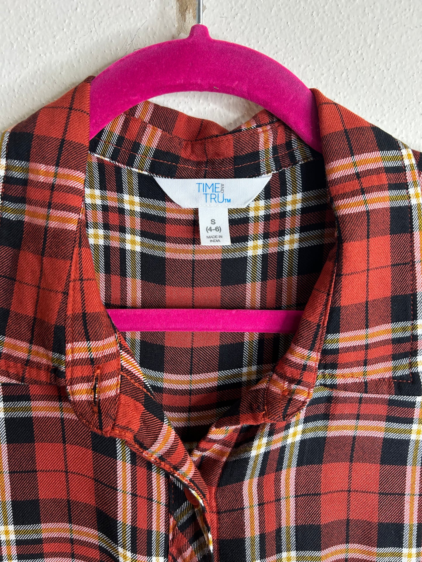 Dark orange/rust flannel with ruffle trim upcycled womens size S