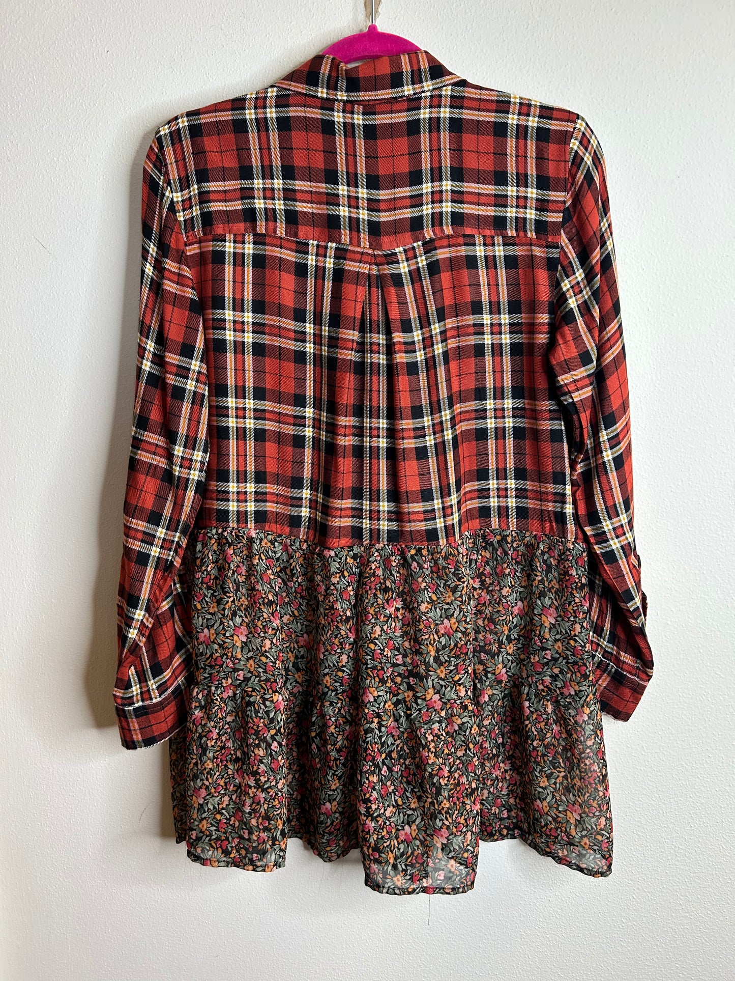 Dark orange/rust flannel with ruffle trim upcycled womens size S