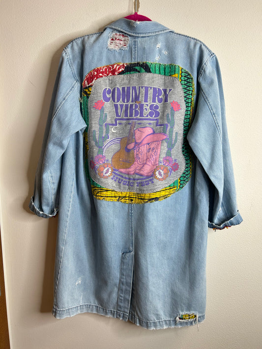 Country Vibes upcycled denim jacket womens size L/XL