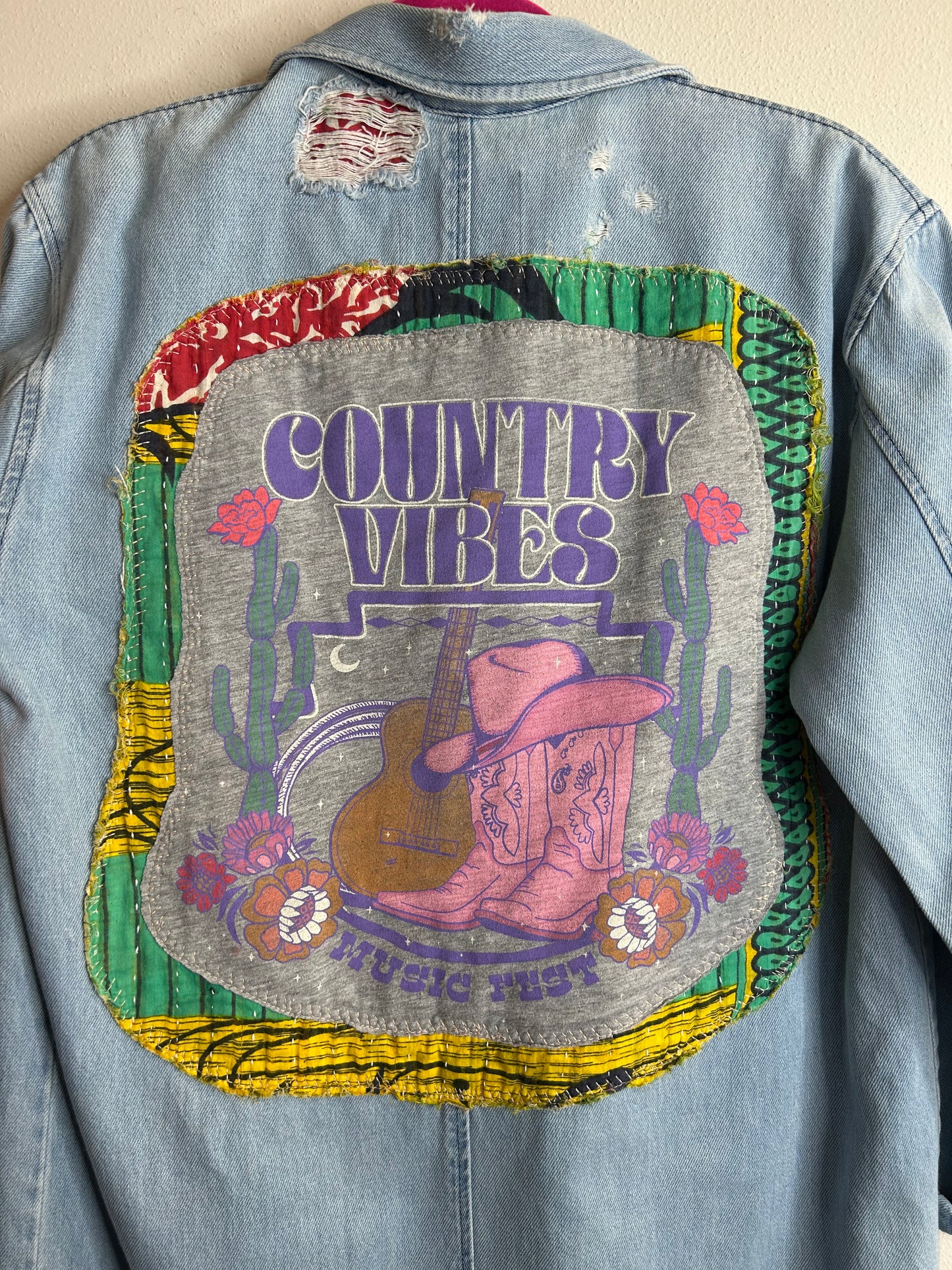 Country Vibes upcycled denim jacket womens size L/XL