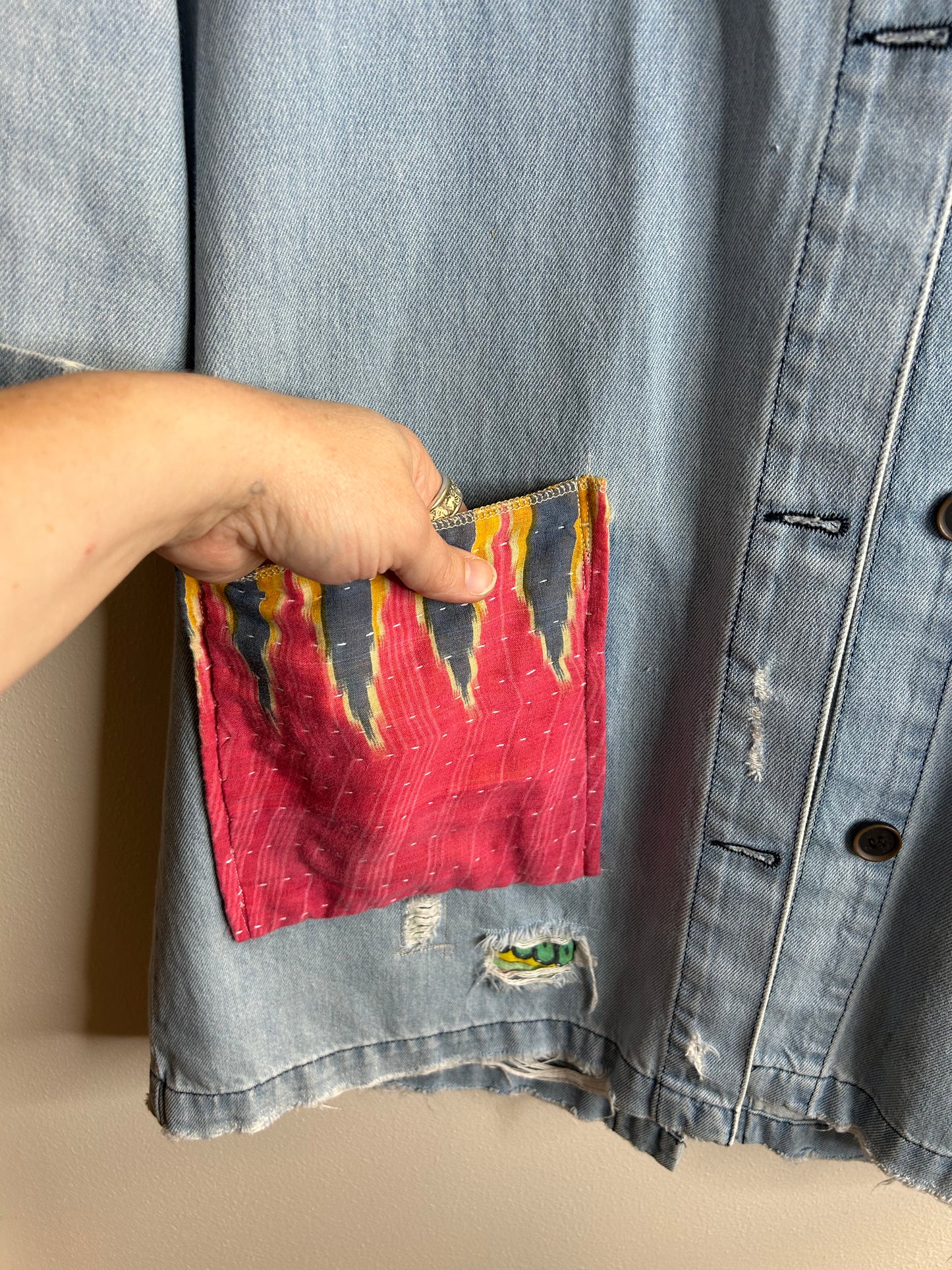 Country Vibes upcycled denim jacket womens size L/XL