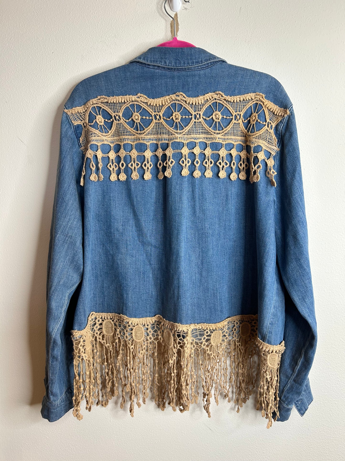 Denim upcycled shirt with crotchet fringe womens 2X